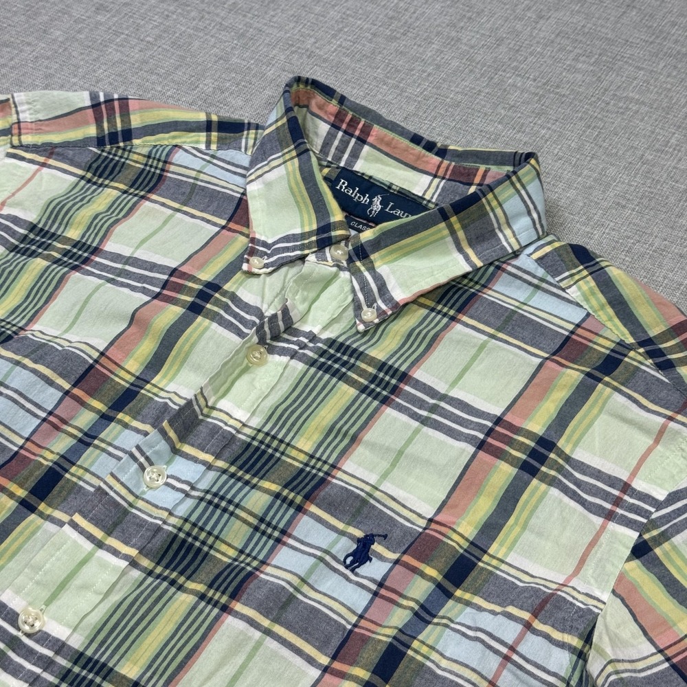 Ralph Lauren Classic Fit Button-Down Shirt Men L Green Plaid Cotton Short Sleeve